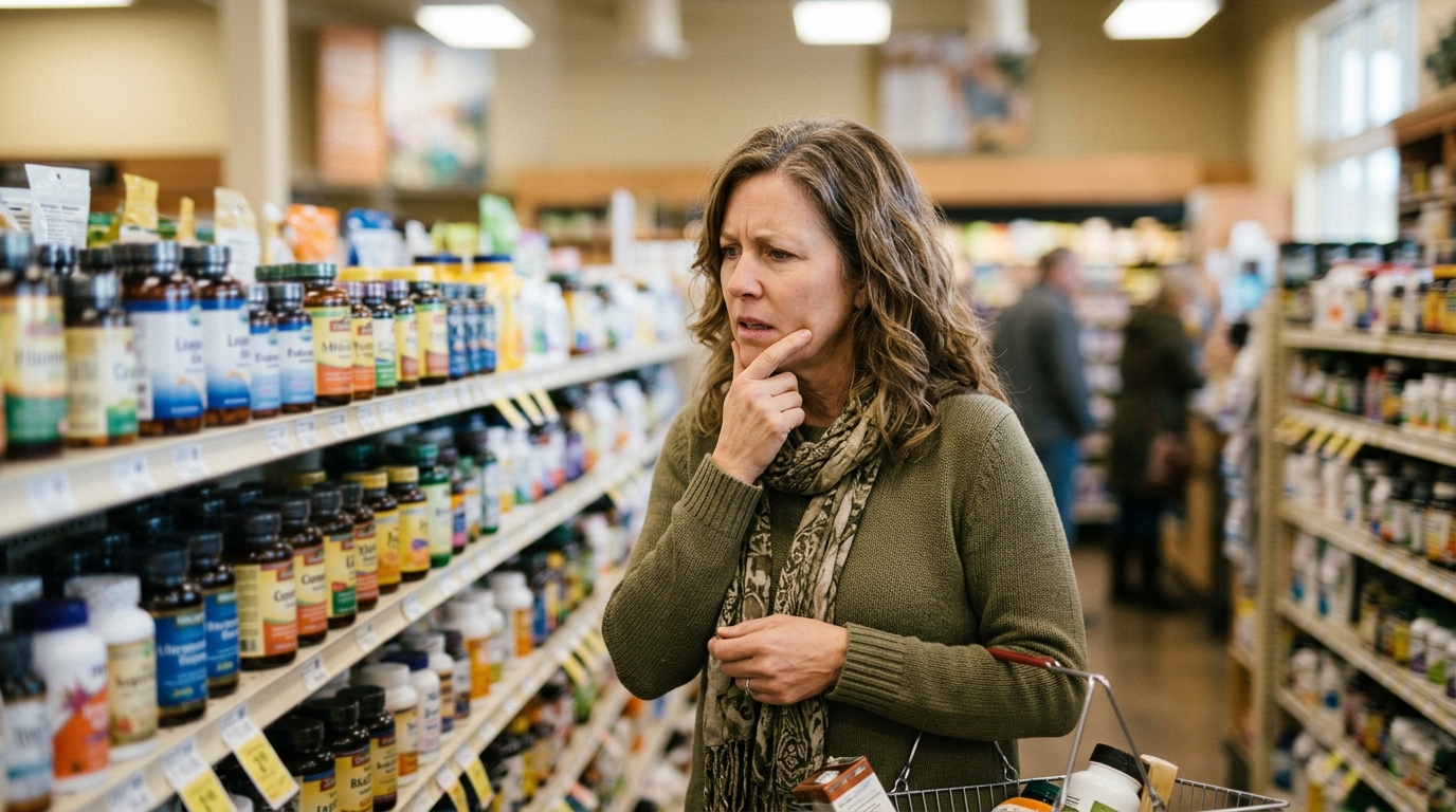 woman examining supplement options in store aisle