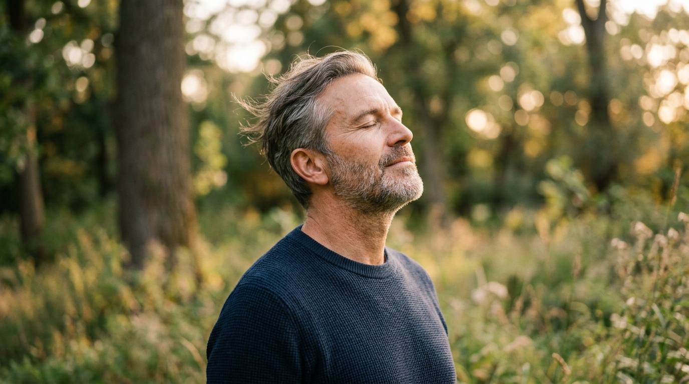man breathing deeply in peaceful outdoor setting
