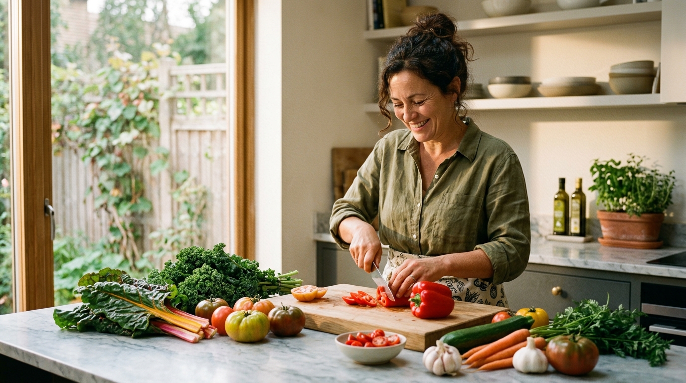 woman preparing nutritious fresh vegetables at kitchen counter