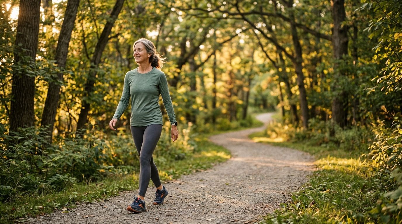 woman walking peacefully on tree lined path