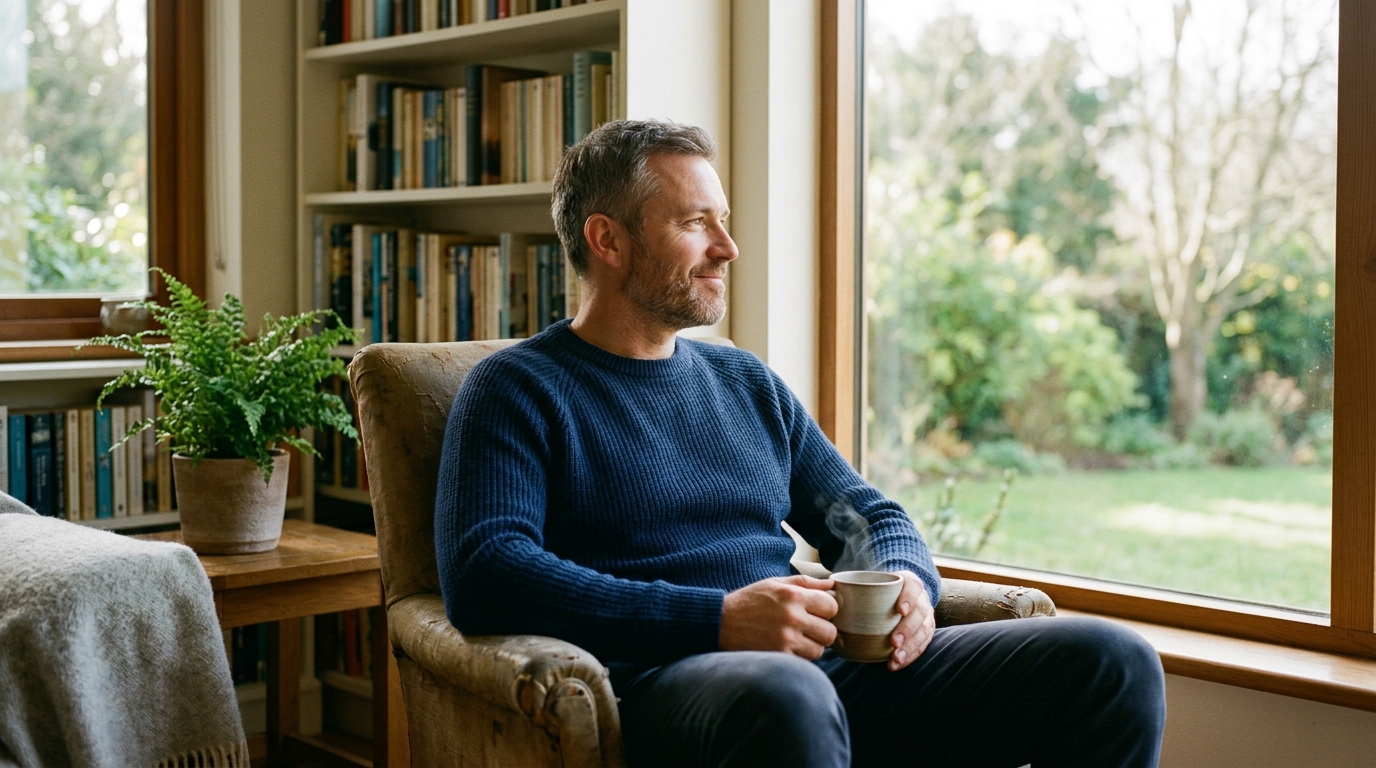 man sitting peacefully by window with morning coffee