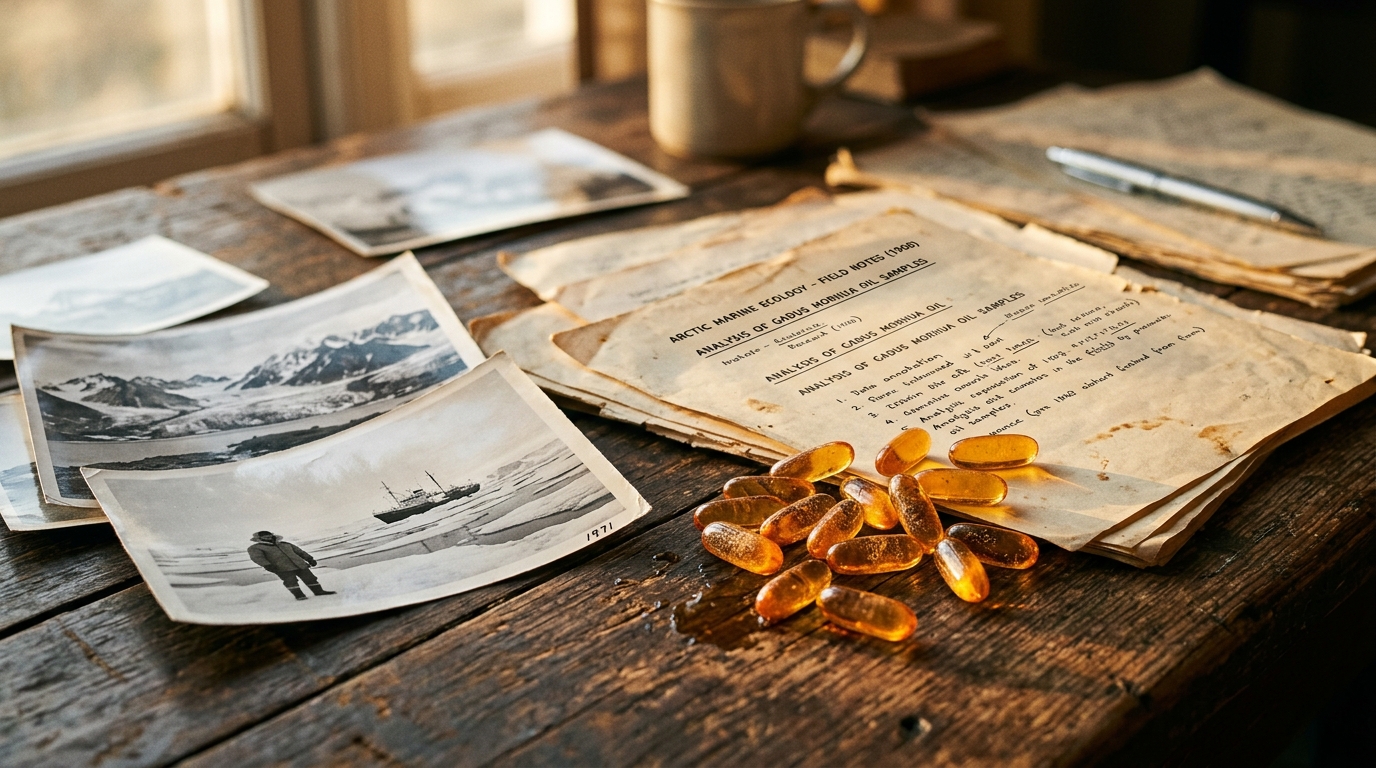 Vintage fish oil research documents and capsules