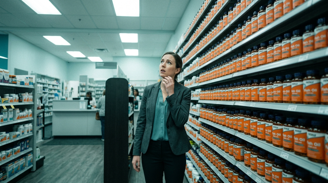 Woman viewing extensive fish oil supplement selection