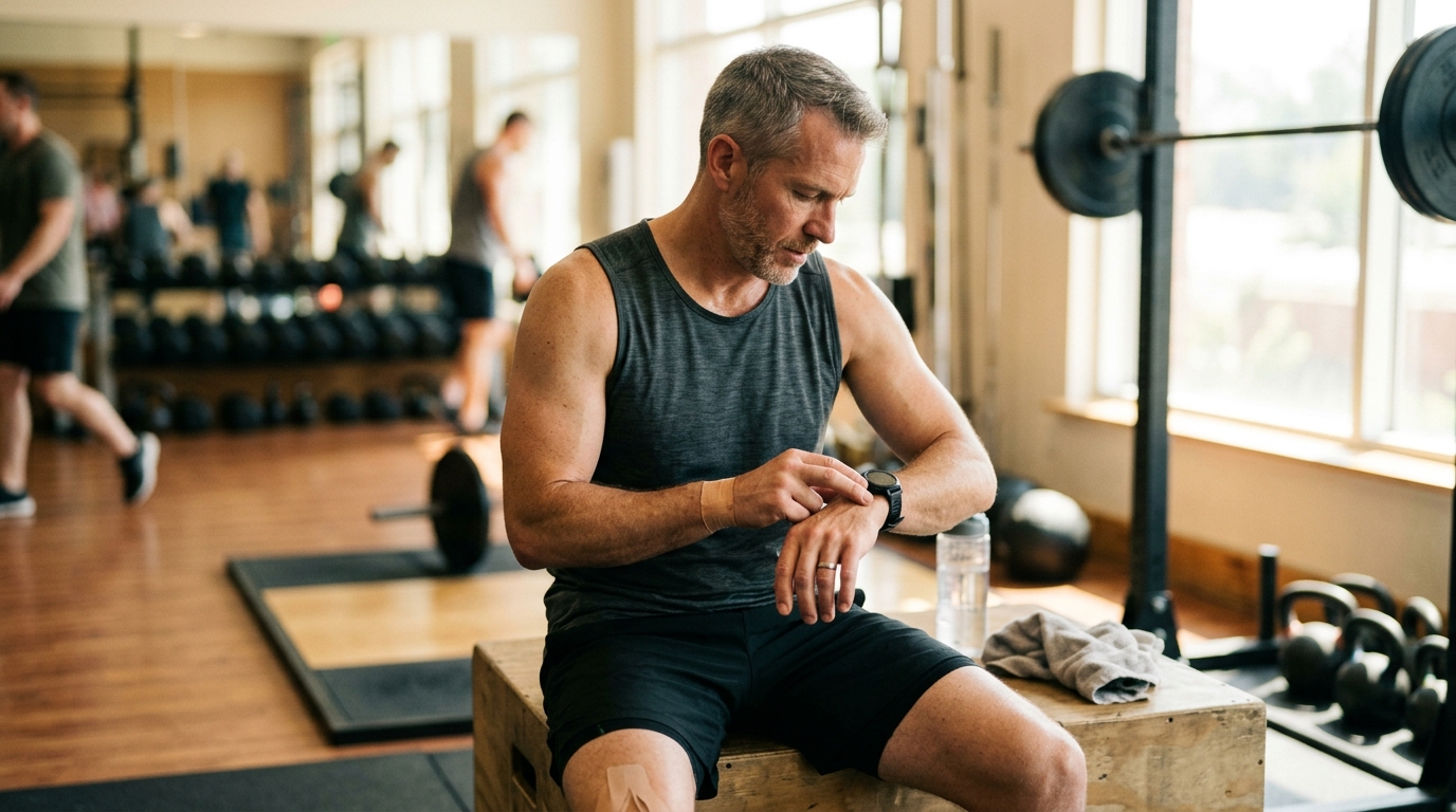 Man checking pulse during exercise break