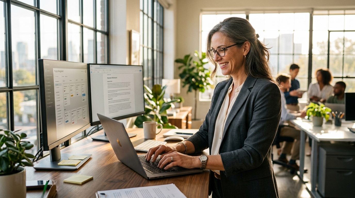Energetic woman working at standing desk