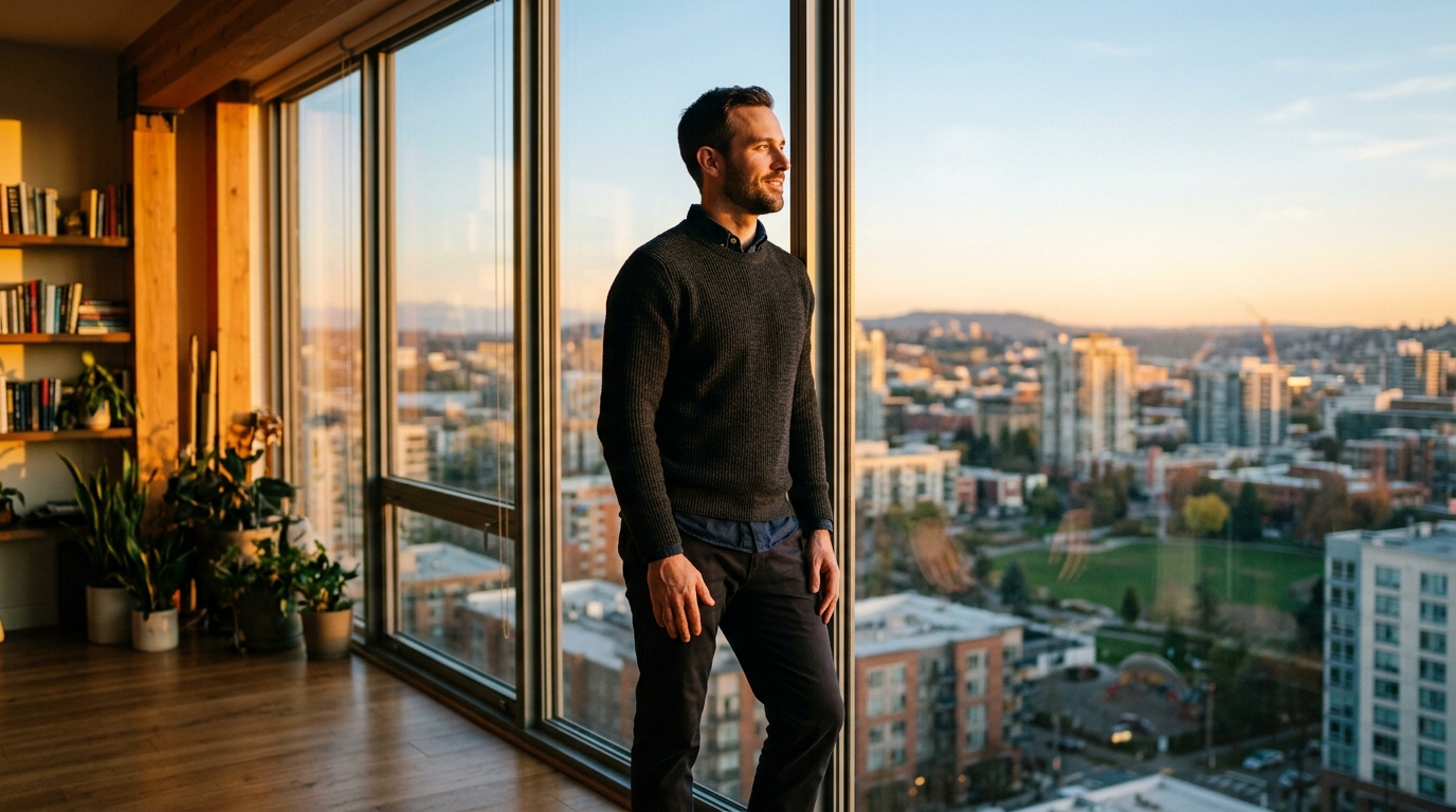 energized man looking toward bright future