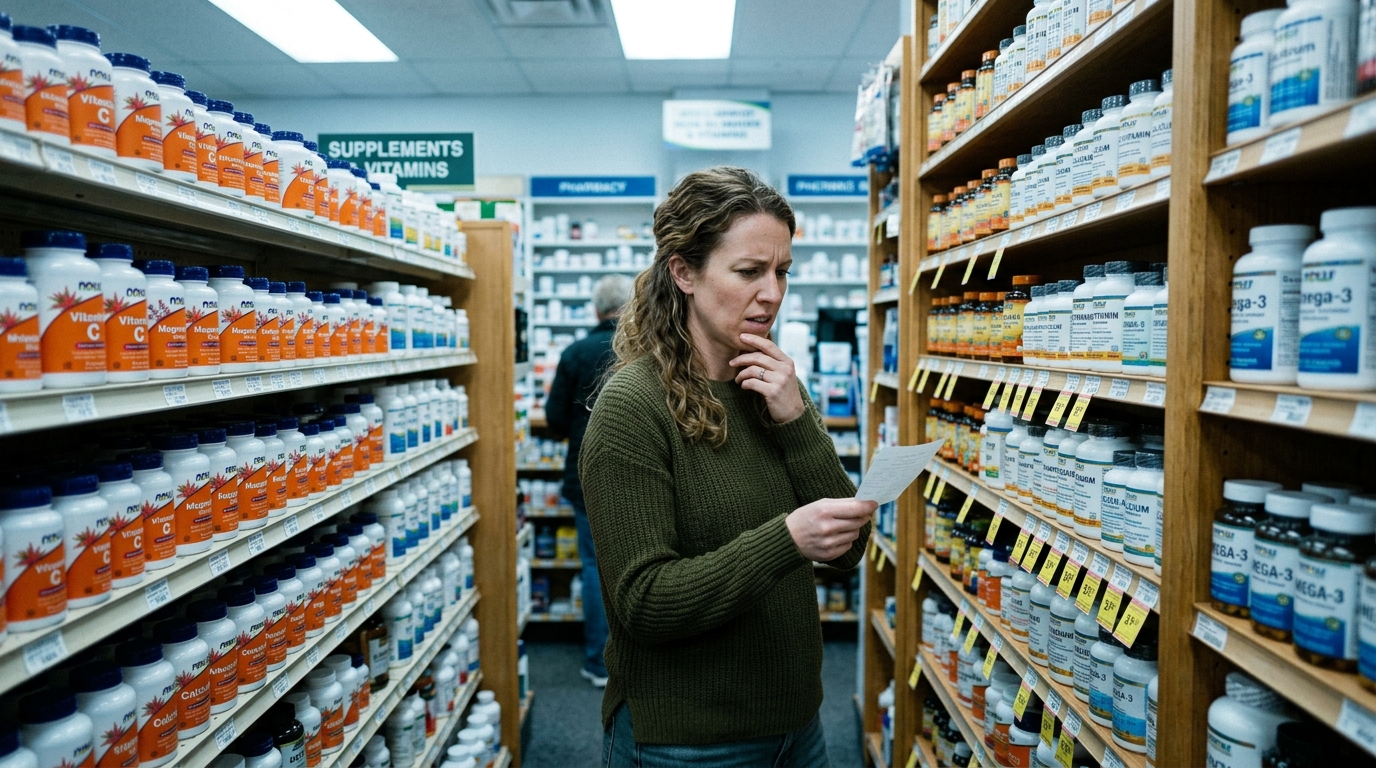 woman confused by supplement choices in pharmacy