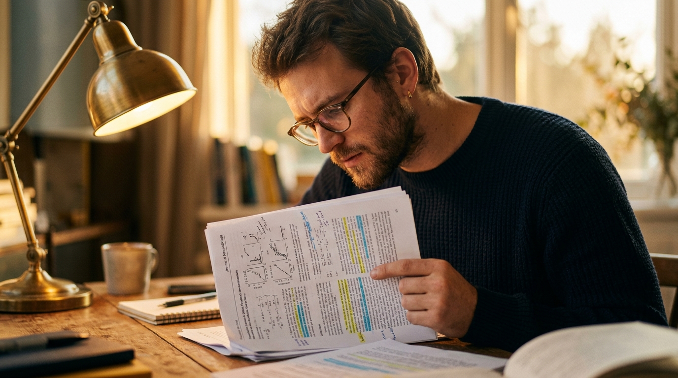 man reading scientific research with focus