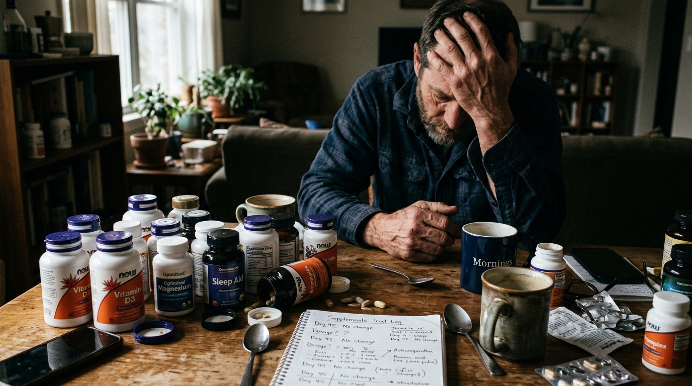 frustrated man with scattered supplements coffee cups