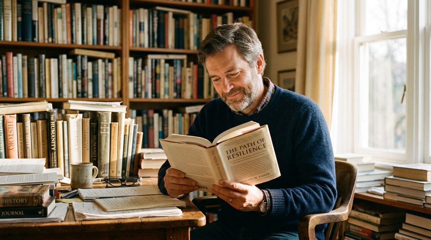 man reading research documents afternoon light desk