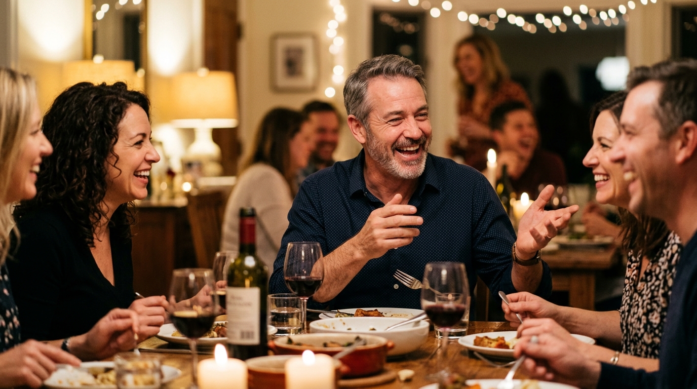 man engaged conversation dinner table warm lighting