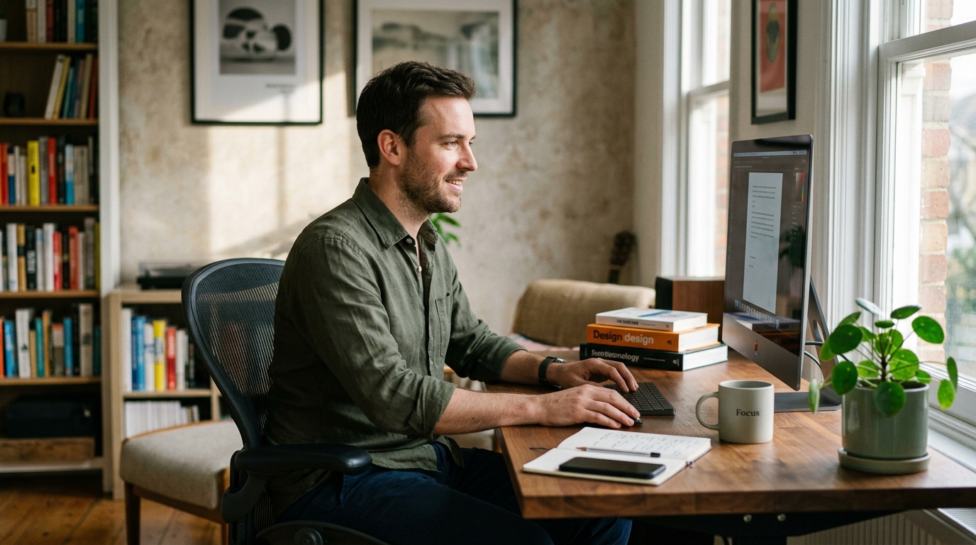 man working confidently computer afternoon sustained energy