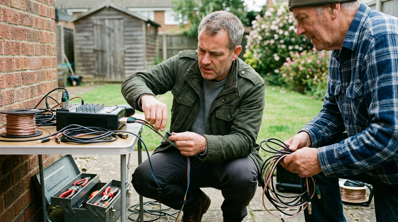 man helping neighbor technical problem solving outdoors