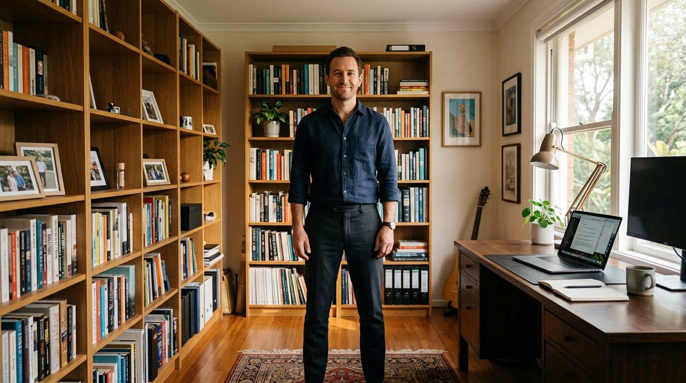 confident man home office morning light organized space
