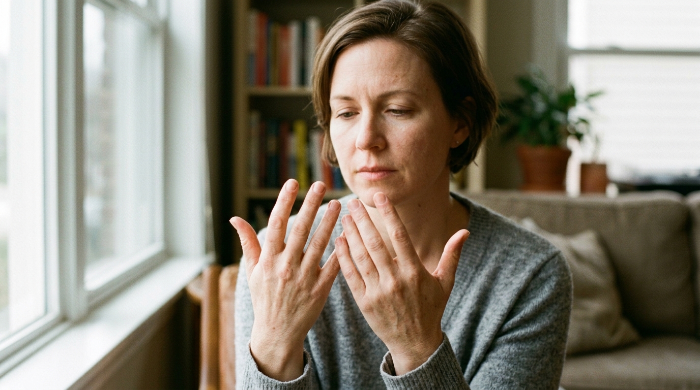 woman examining her hands in natural light