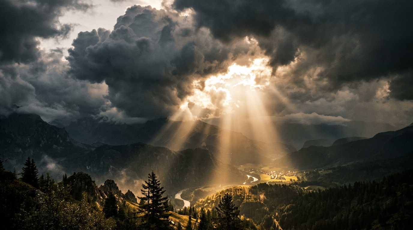 sunlight breaking through dark clouds dramatically