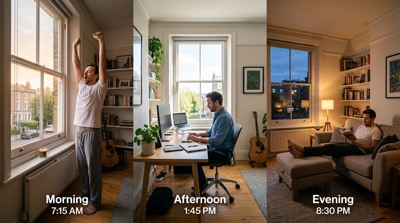 man through different daily activities and times