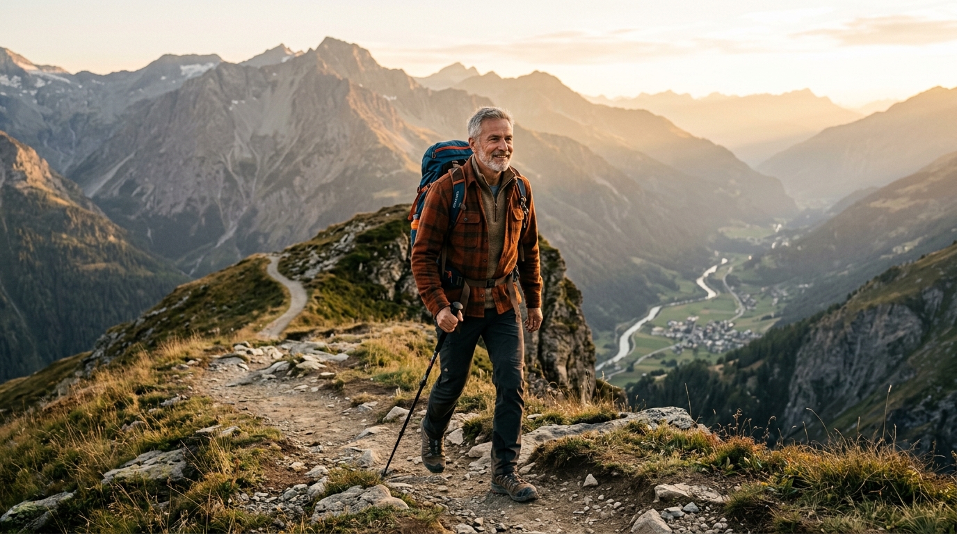 confident man hiking mountain trail with vista