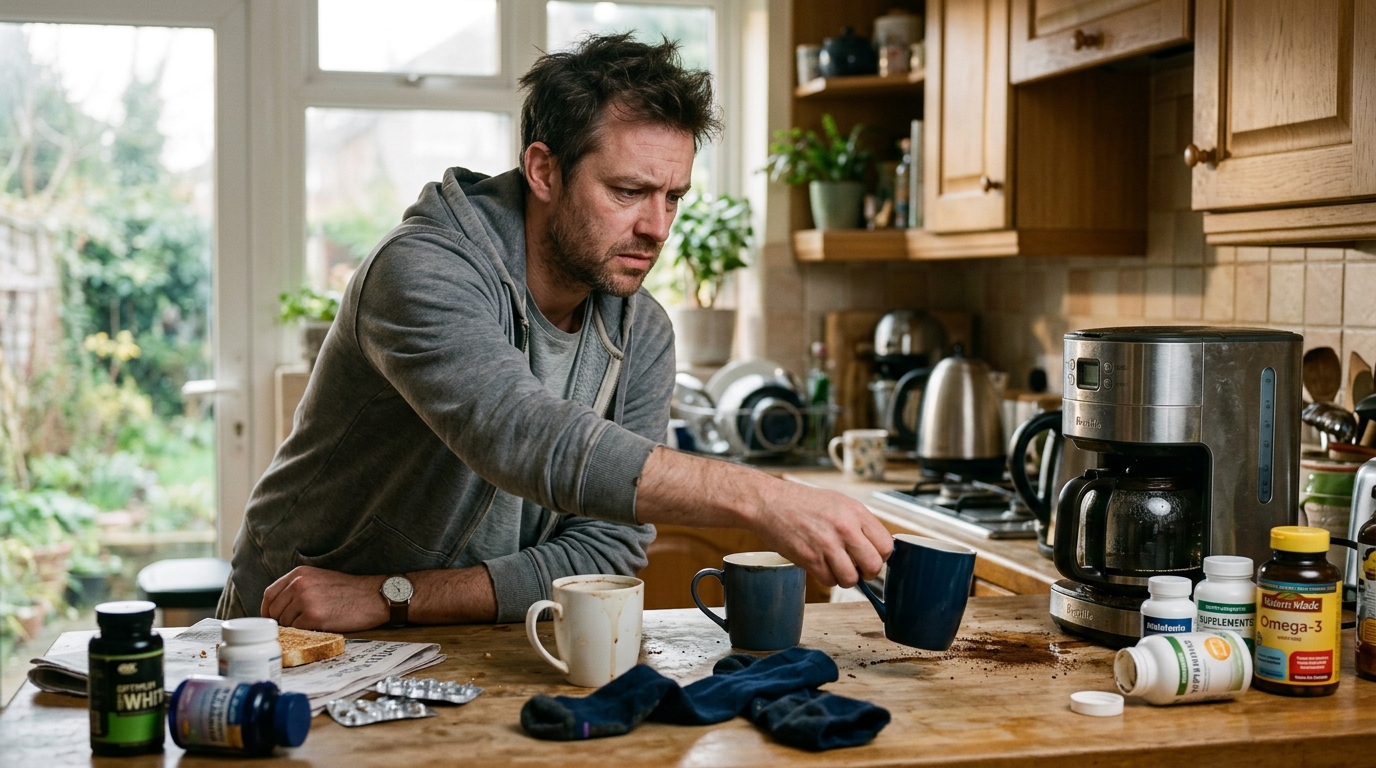 man relying on coffee and supplements circulation