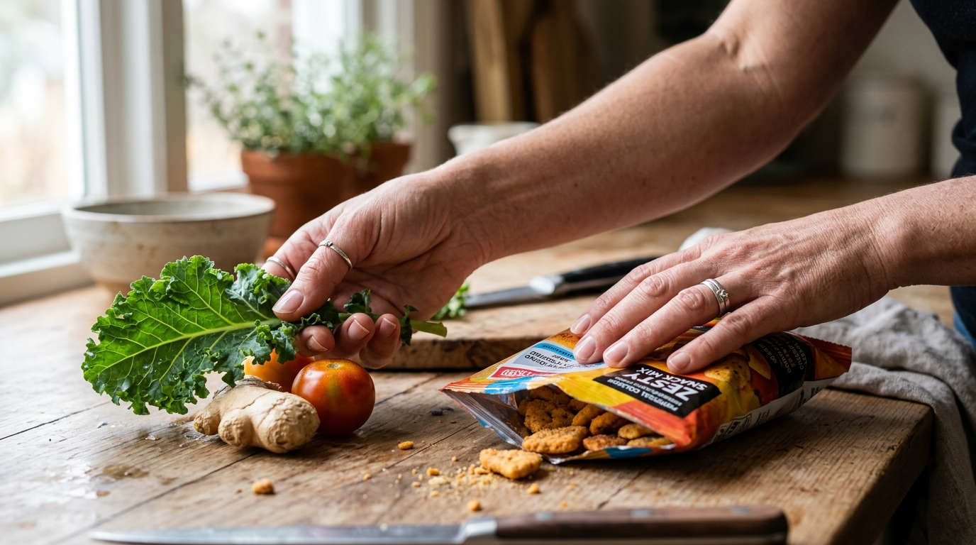 hands comparing fresh vegetables to processed foods