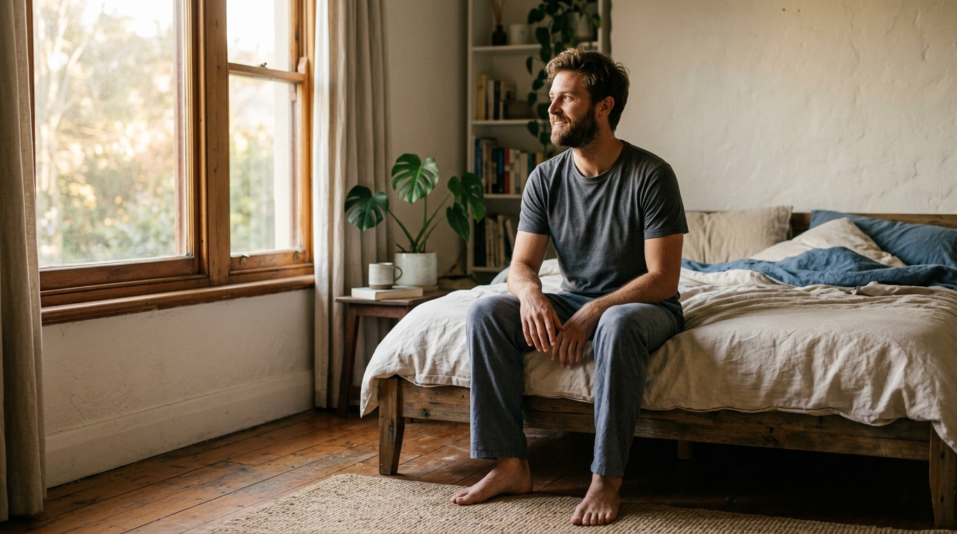 man waking up naturally with clear alert expression