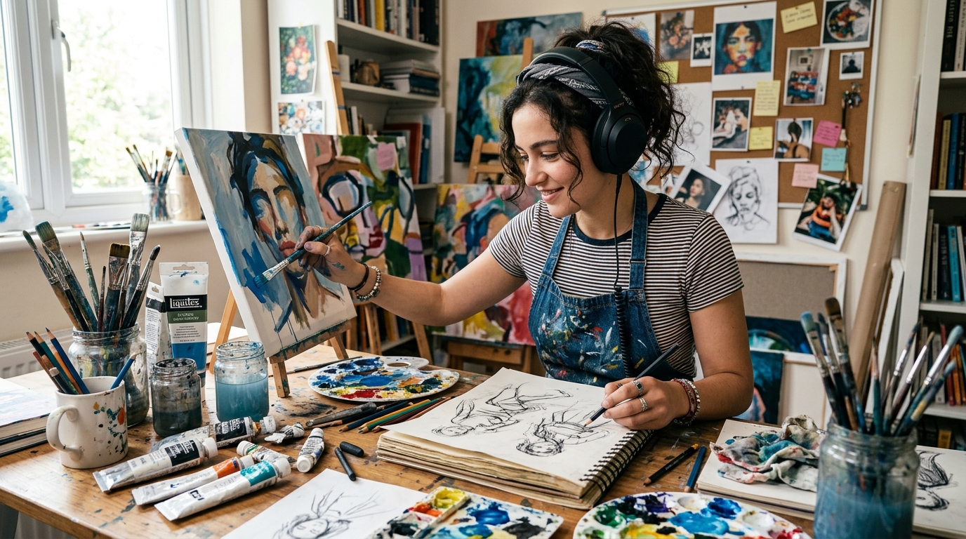 woman engaged in multiple creative activities simultaneously