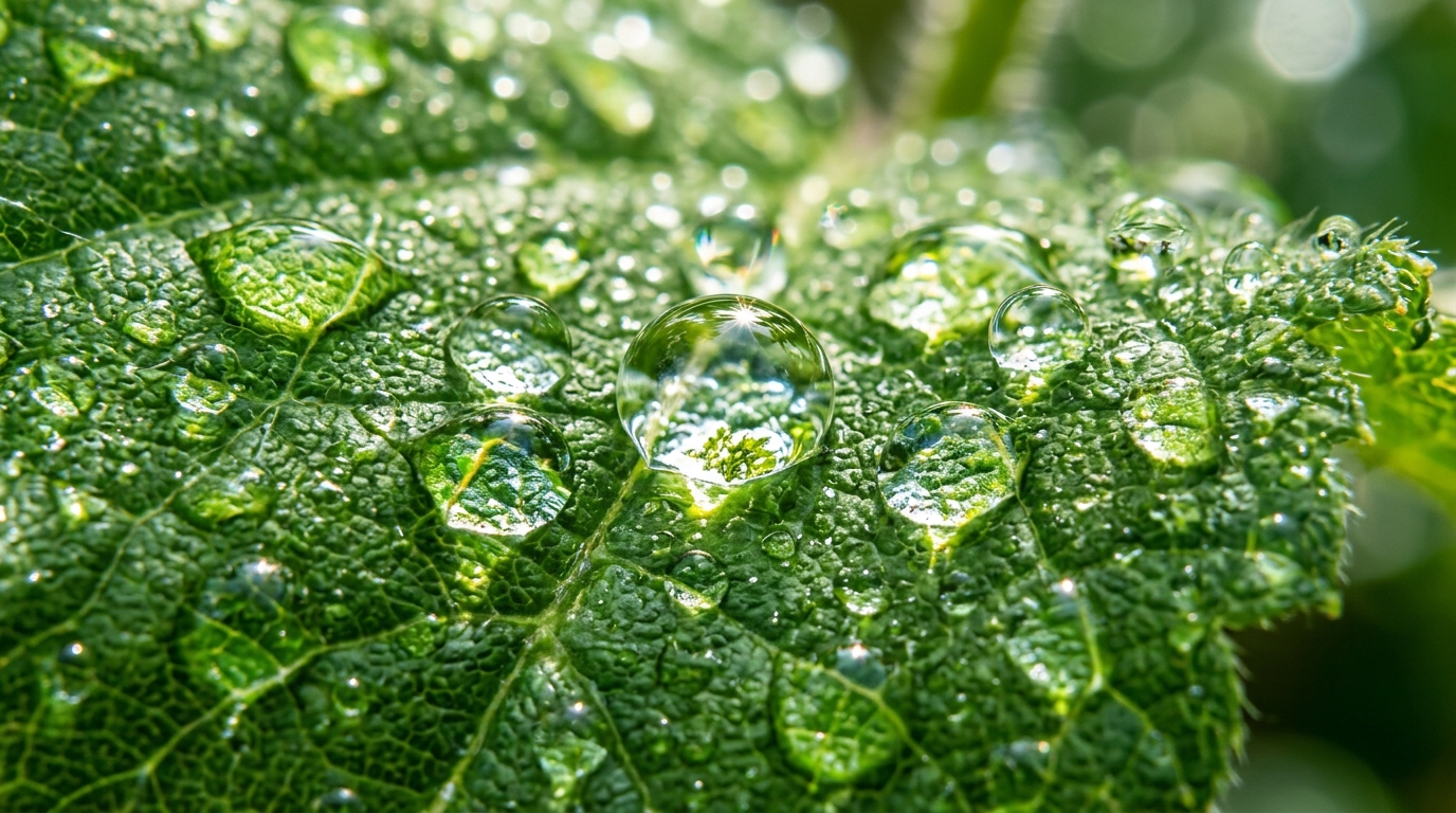 water droplets on fresh leaf representing cellular renewal