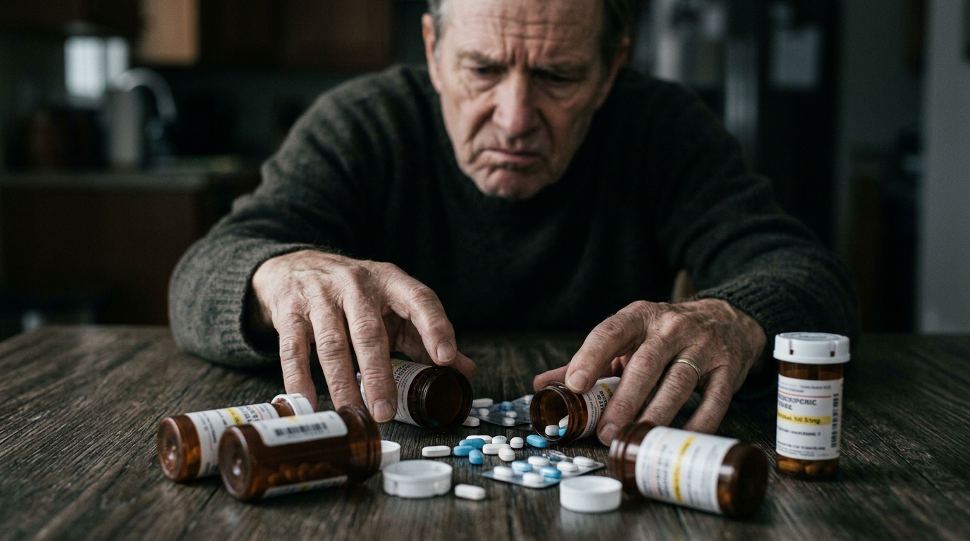 frustrated man with various joint pain medications