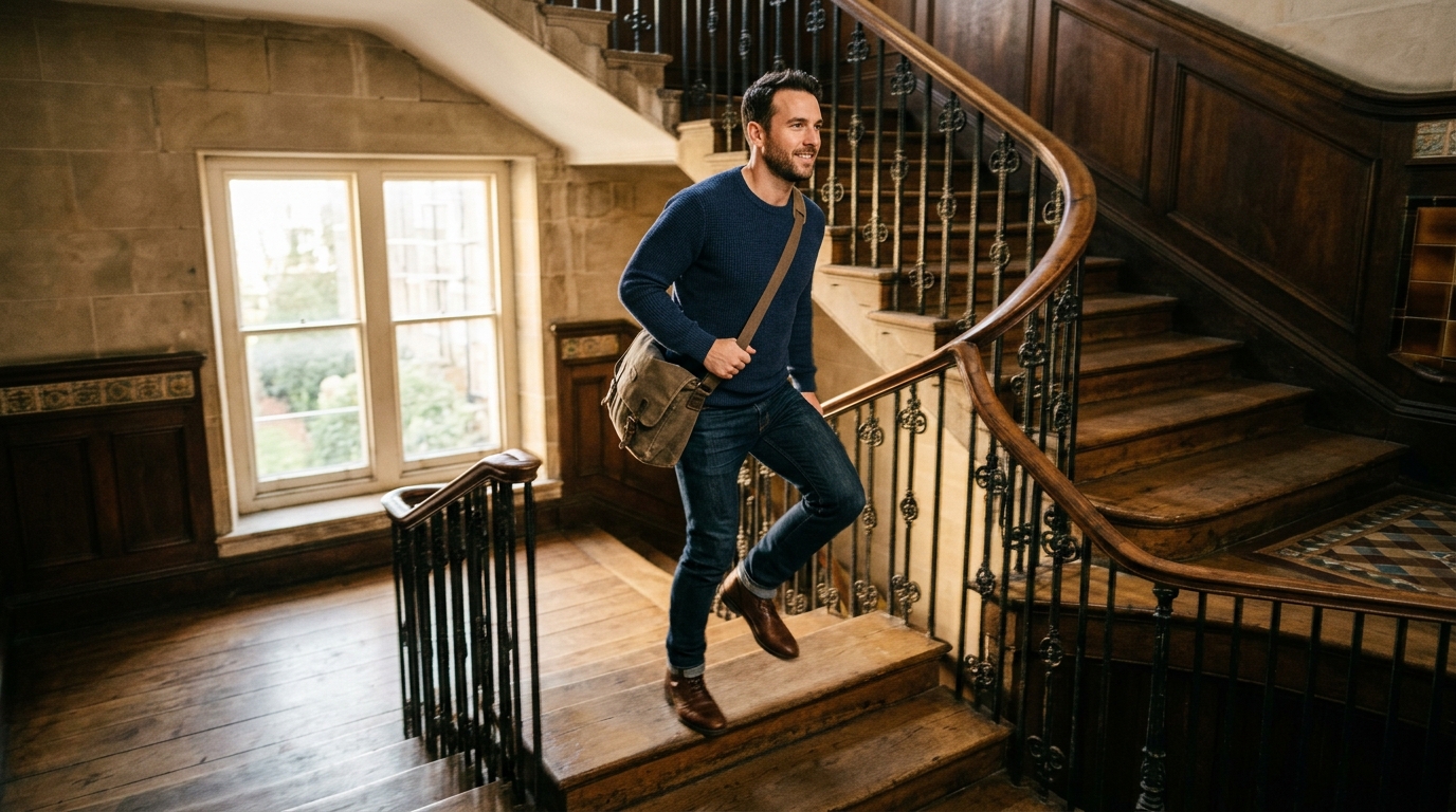 man confidently climbing stairs with ease