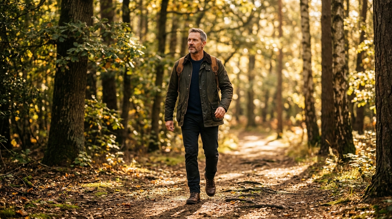 man walking confidently on forest path