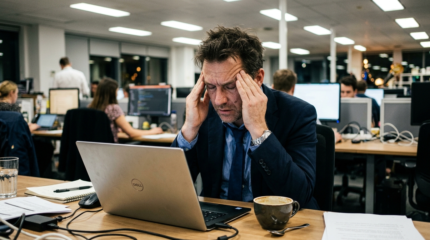 exhausted office worker rubbing temples beside empty coffee