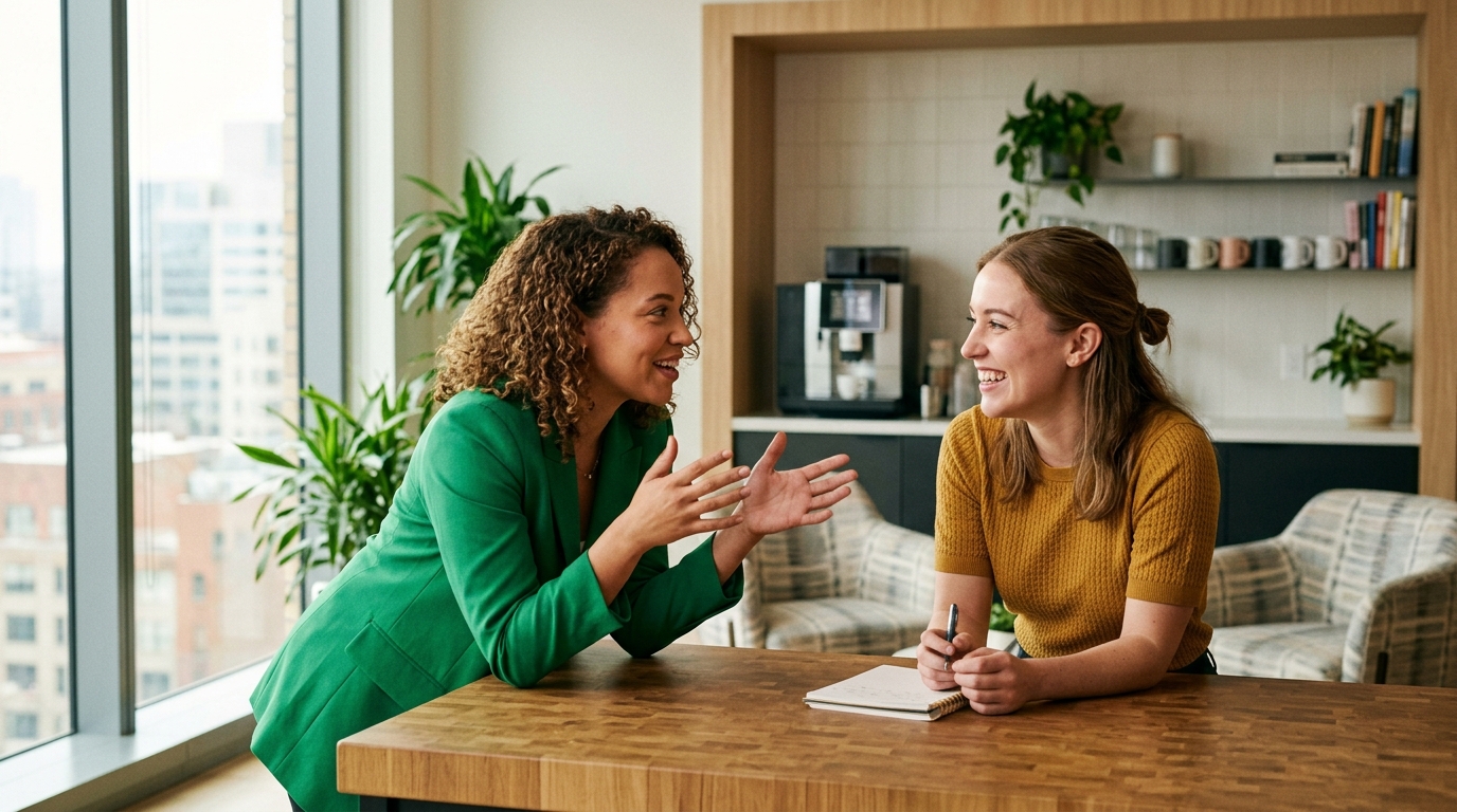 colleague enthusiastically sharing supplement recommendation in office