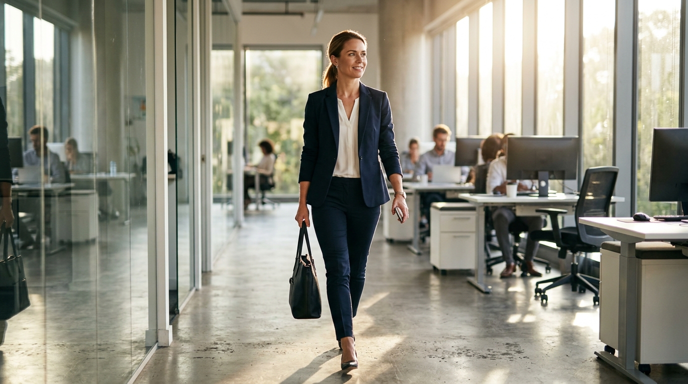 confident woman walking through sunlit office corridor