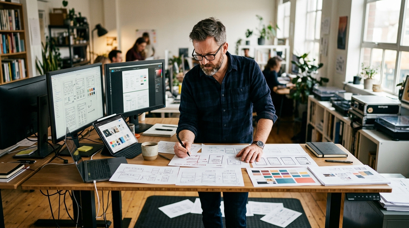 focused man reviewing creative work with enhanced concentration