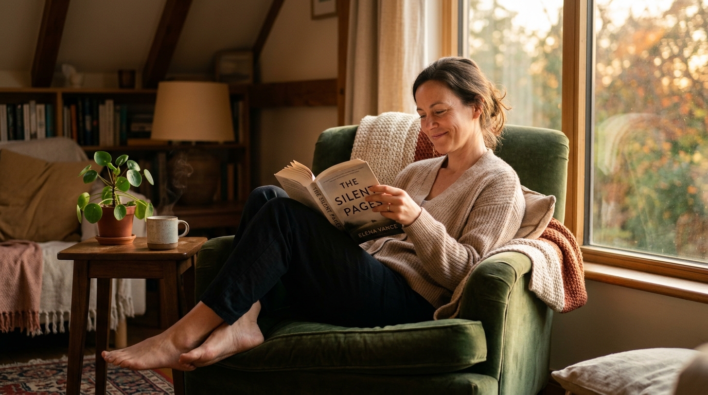 peaceful woman reading contentedly in golden hour lighting