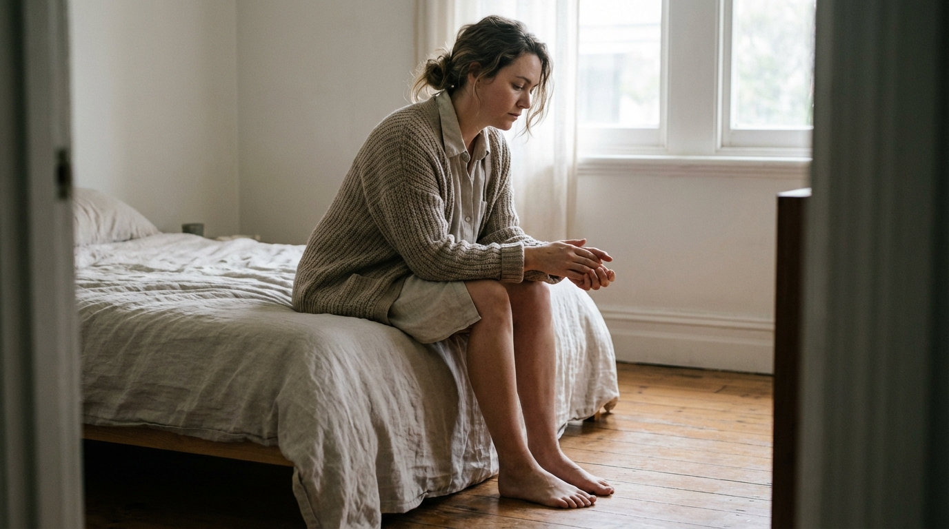 Woman sitting on the edge of a bed in soft morning light, looking quietly worn down