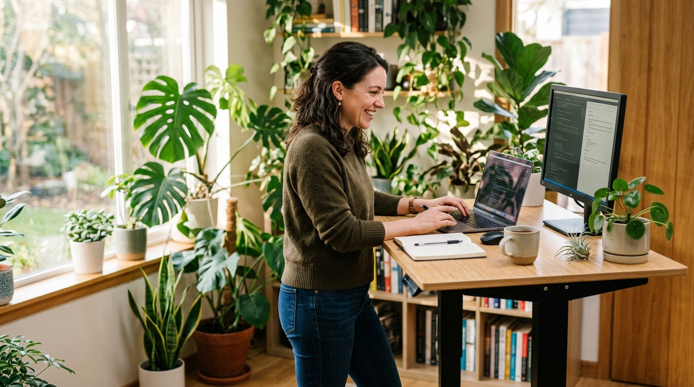 woman working standing desk afternoon natural energy