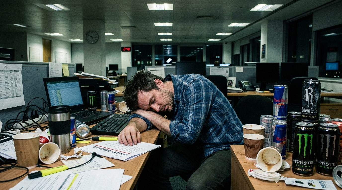 exhausted man surrounded by empty energy drinks