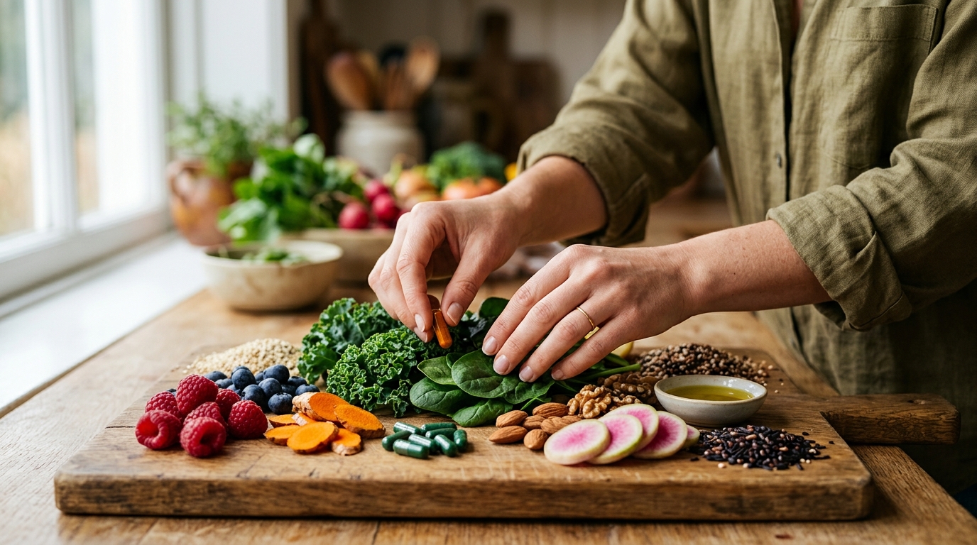 hands arranging nutritious foods and supplements