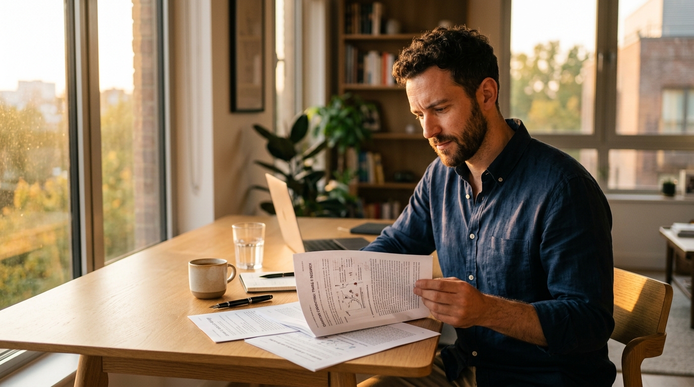 man reading research with focused attention