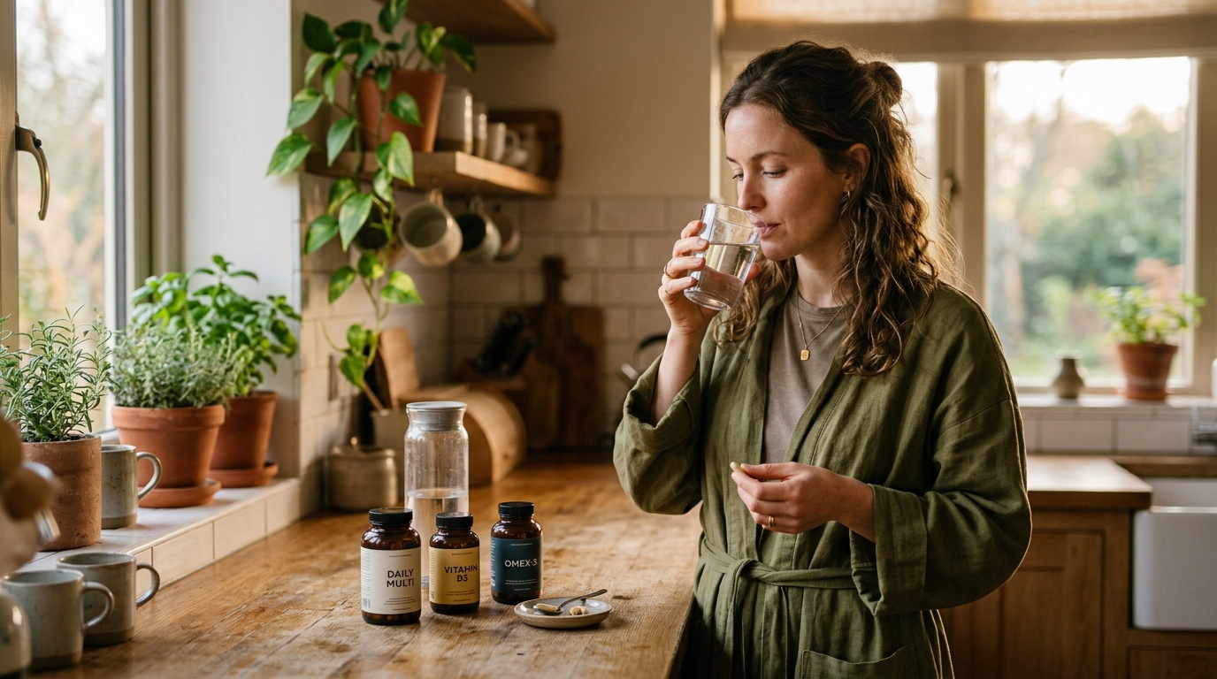 woman taking supplements during morning routine