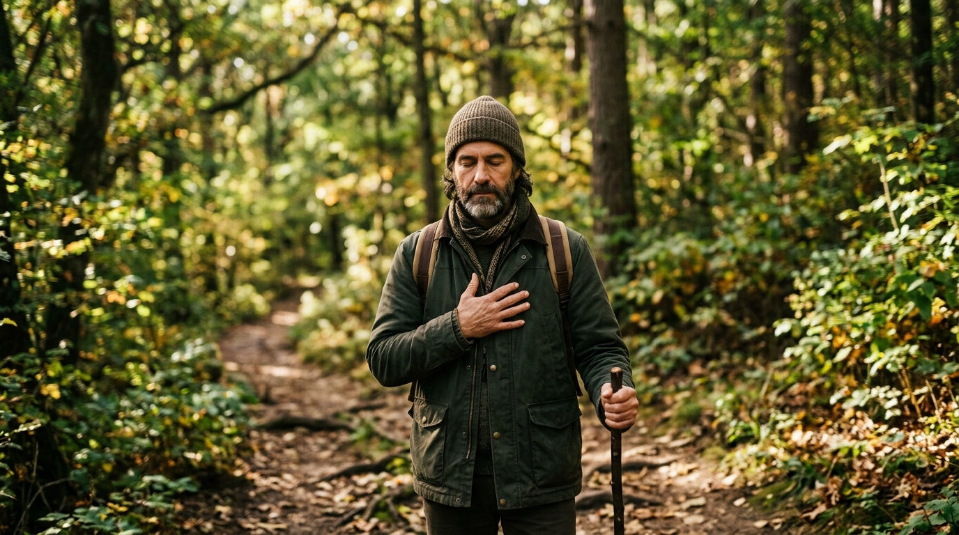 man pausing mindfully during nature walk