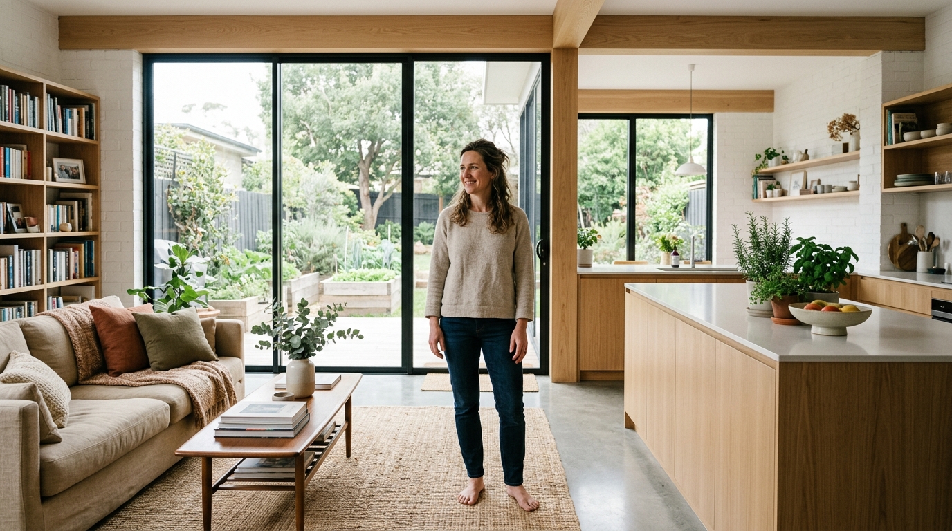 confident woman in bright modern home