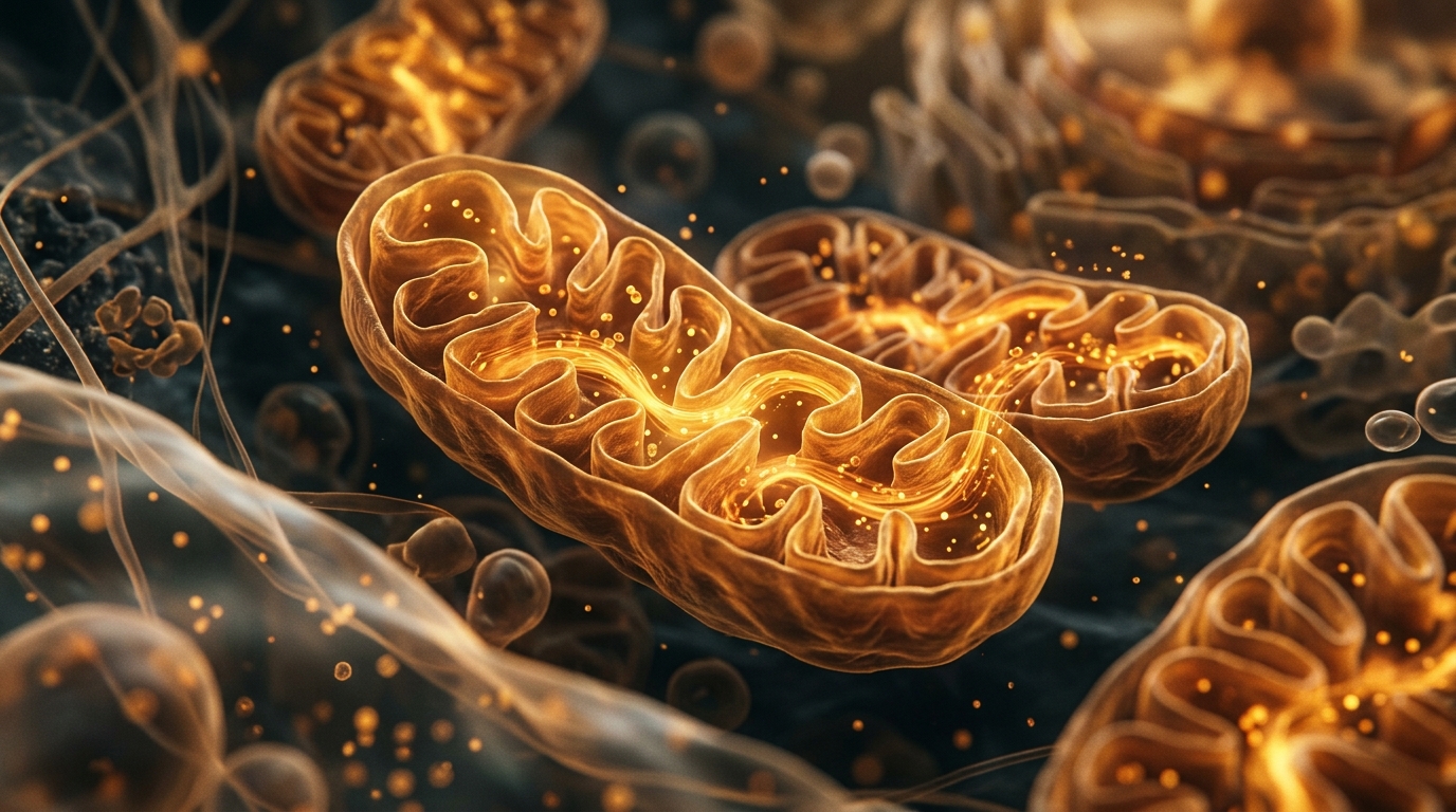cellular energy production microscopic view amber tones