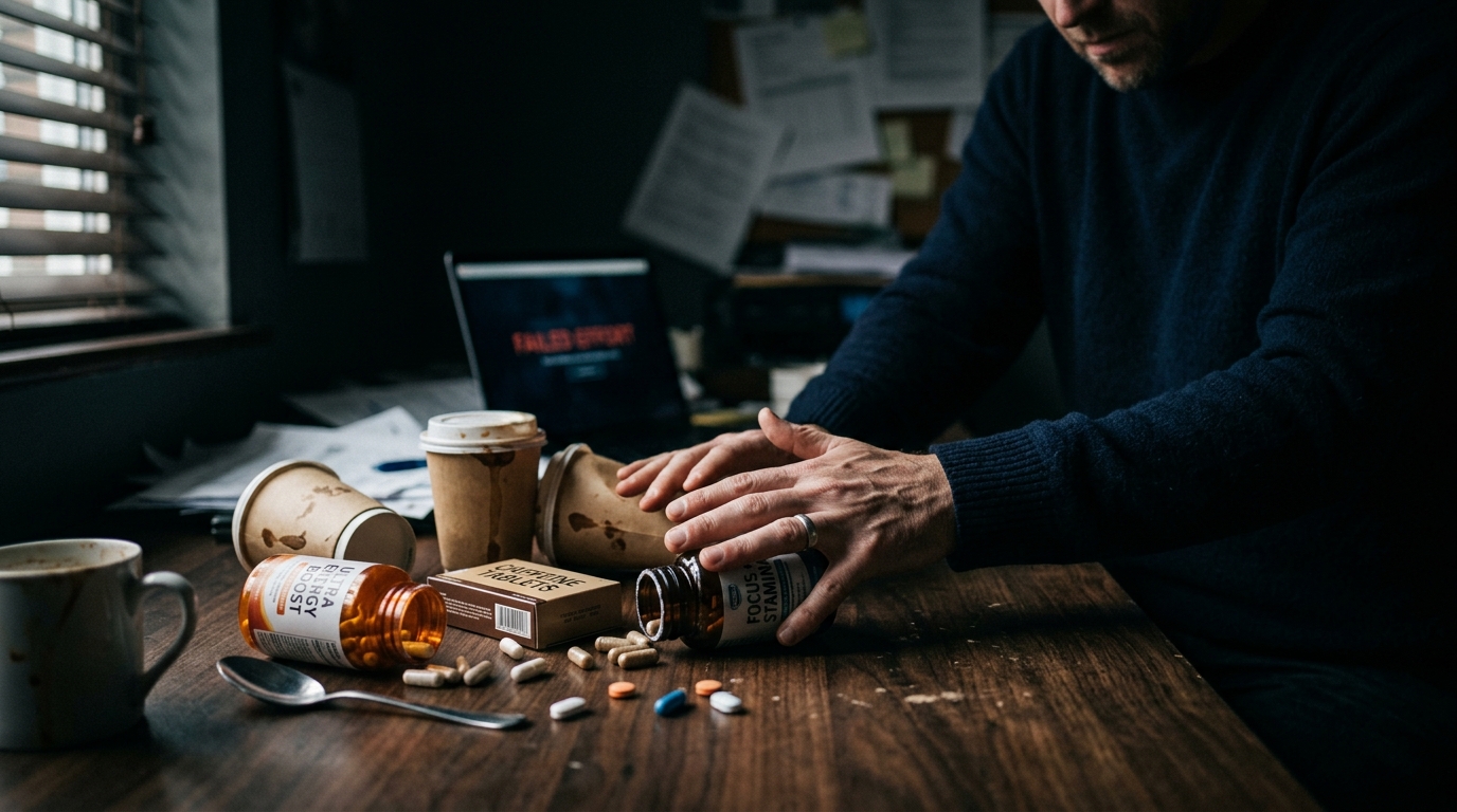 frustrated man pushing away ineffective energy supplements