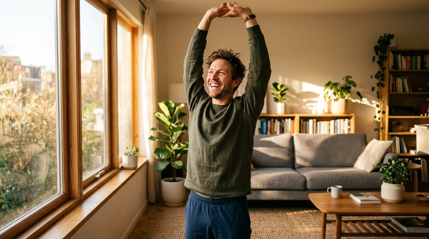 energetic man stretching in sunlit room feeling renewed
