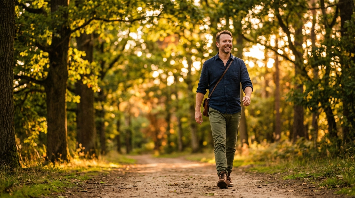 confident man walking tree lined path golden hour