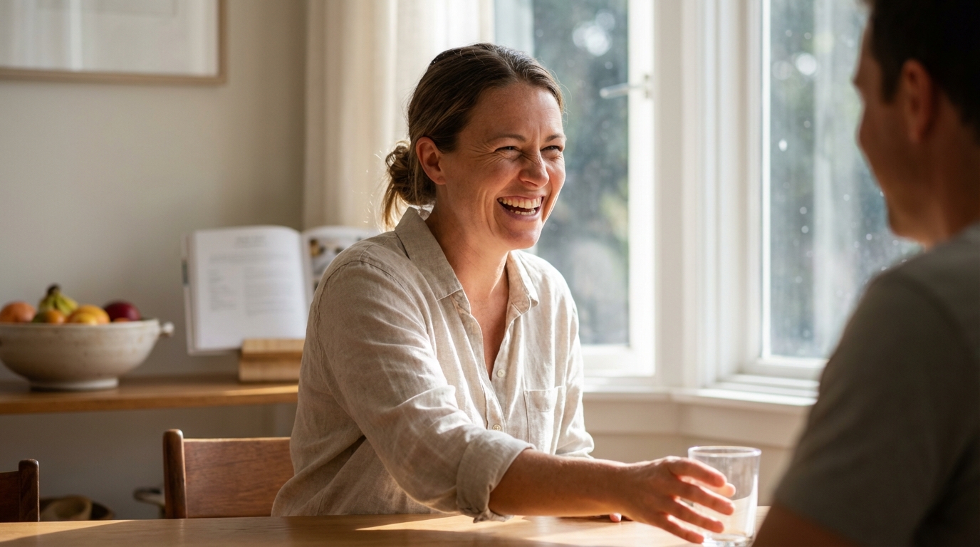 Woman laughing at a dining table in bright afternoon light