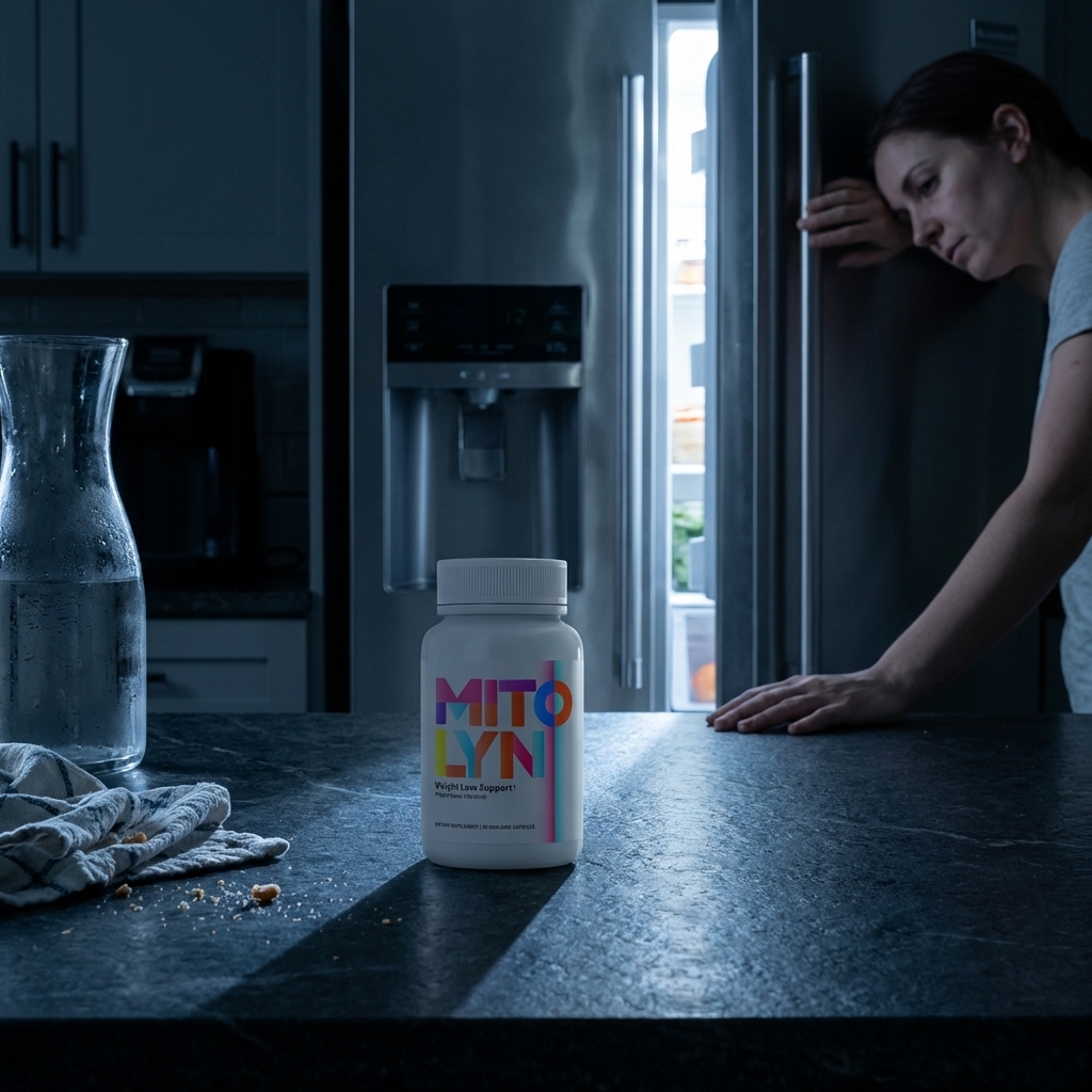 Mitolyn bottle in sharp focus on a dark kitchen counter before sunrise with a woman reflected softly in the fridge