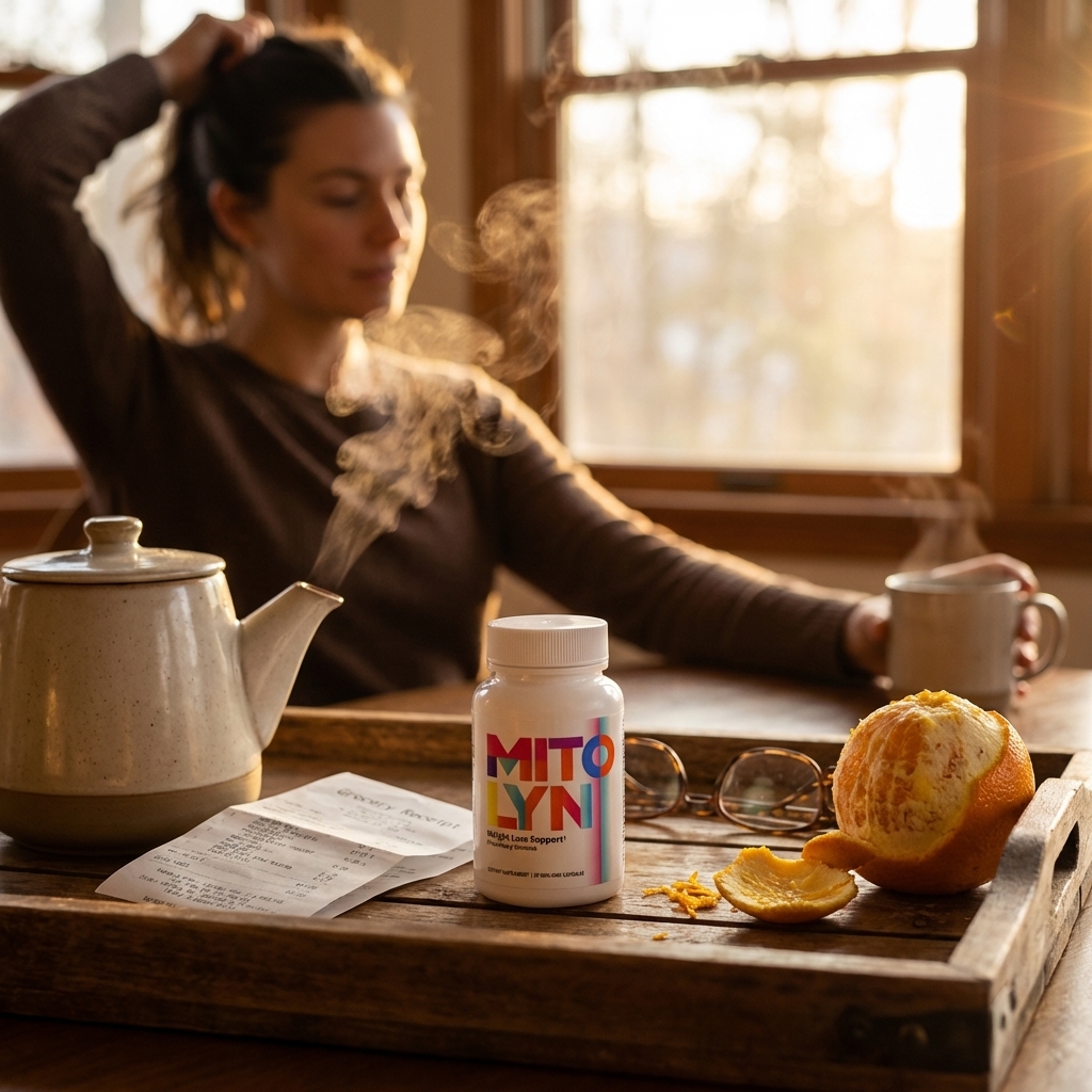 Mitolyn bottle beside a steaming kettle and mug in warm late afternoon light